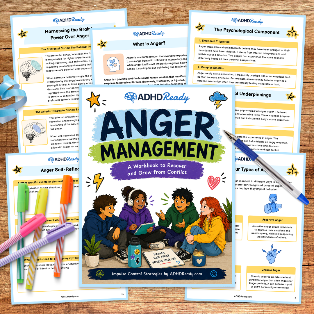 ADHD Ready Anger management workbook with colorful markers on a wooden surface