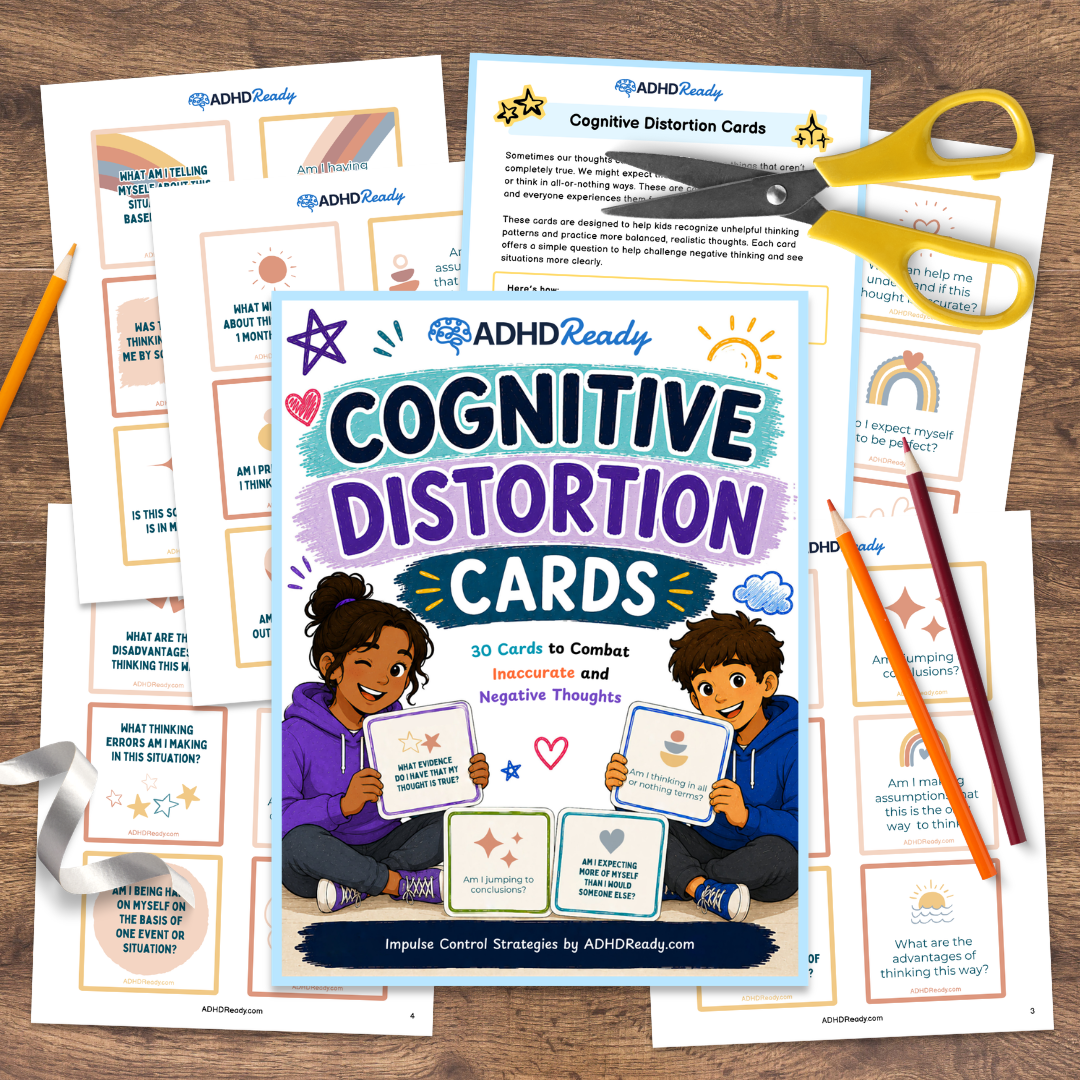 ADHD Ready Cognitive Distortion Cards on a wooden surface with pencils and scissors.