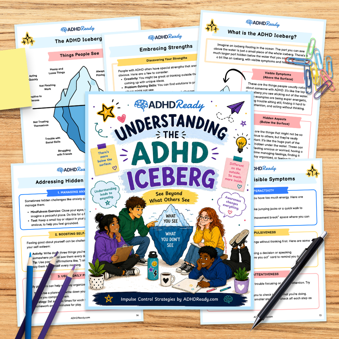 ADHD iceberg printable pages from ADHD Ready, showing what people see above the water and what they do not see below.