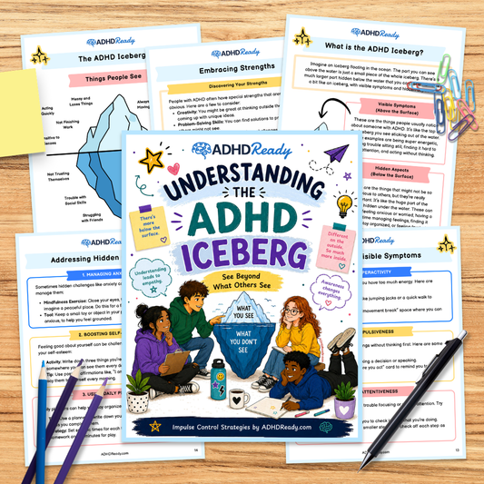 ADHD iceberg printable pages from ADHD Ready, showing what people see above the water and what they do not see below.