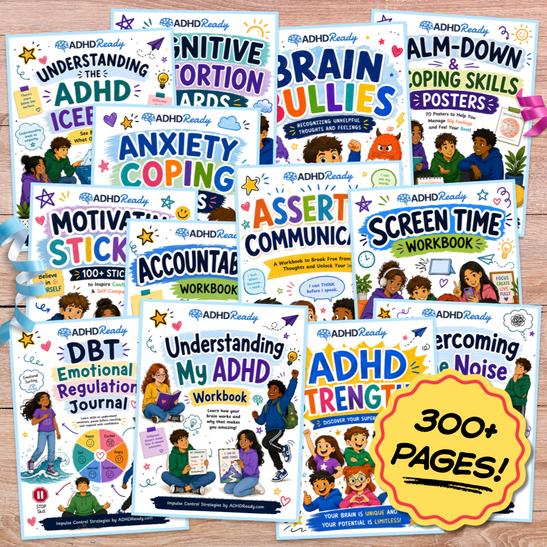 Back-to-school backpack, visual morning checklist on the fridge, and ADHD printable homework planner on a kitchen counter.