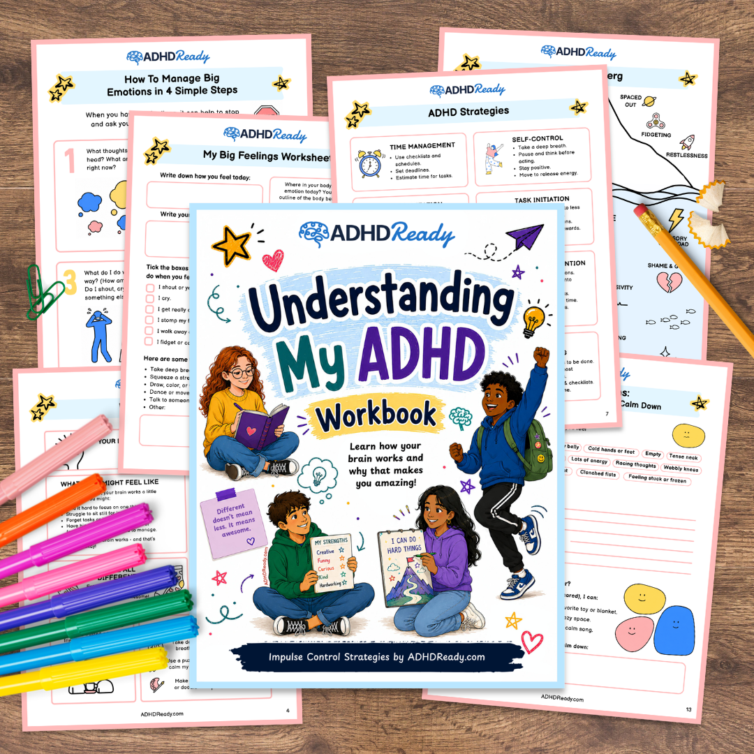 Parent and child at a kitchen table with the Understanding My ADHD workbook open, talking after a diagnosis rather than reviewing a symptoms chart.