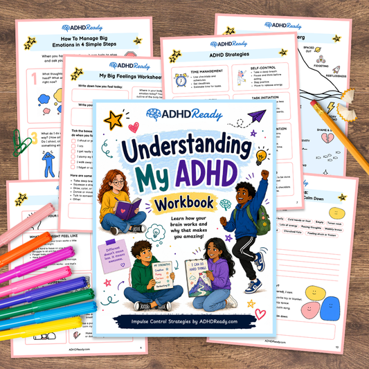 Parent and child at a kitchen table with the Understanding My ADHD workbook open, talking after a diagnosis rather than reviewing a symptoms chart.