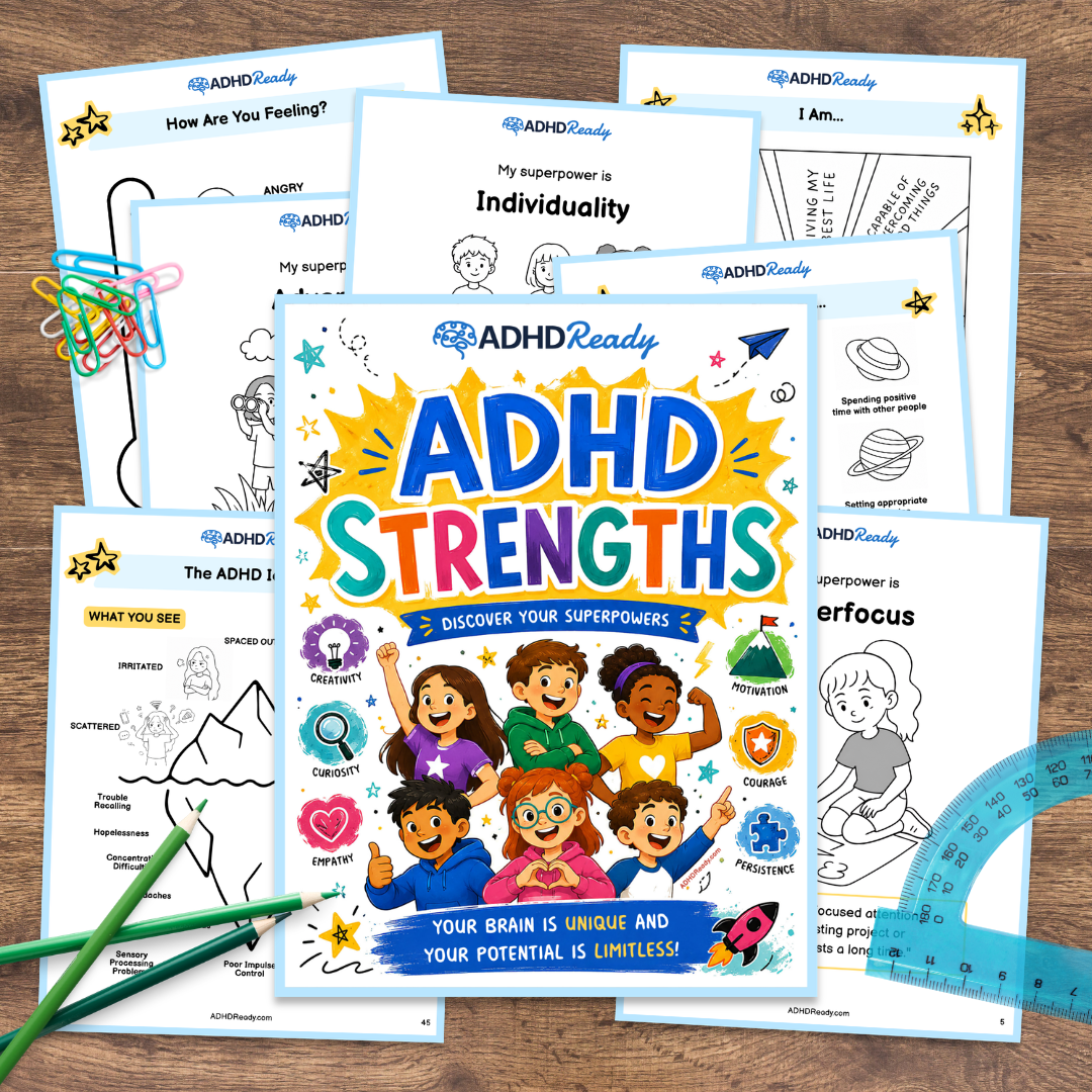 ADHD Ready Strengths educational materials on a wooden surface with colorful tools.