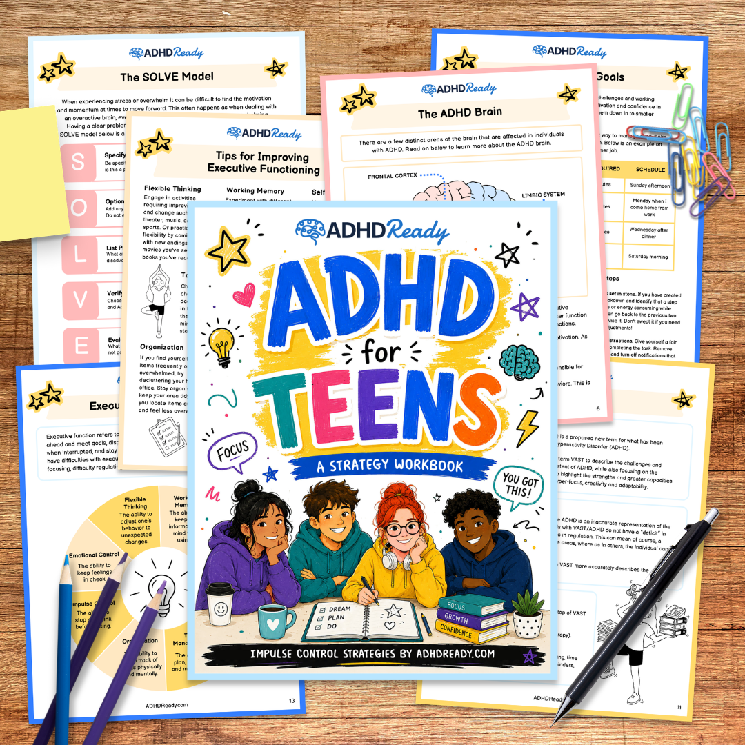 ADHD Ready workbook for teens on a wooden surface with colorful pages and a pen.