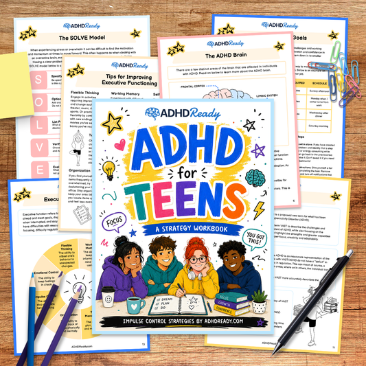 ADHD Ready workbook for teens on a wooden surface with colorful pages and a pen.