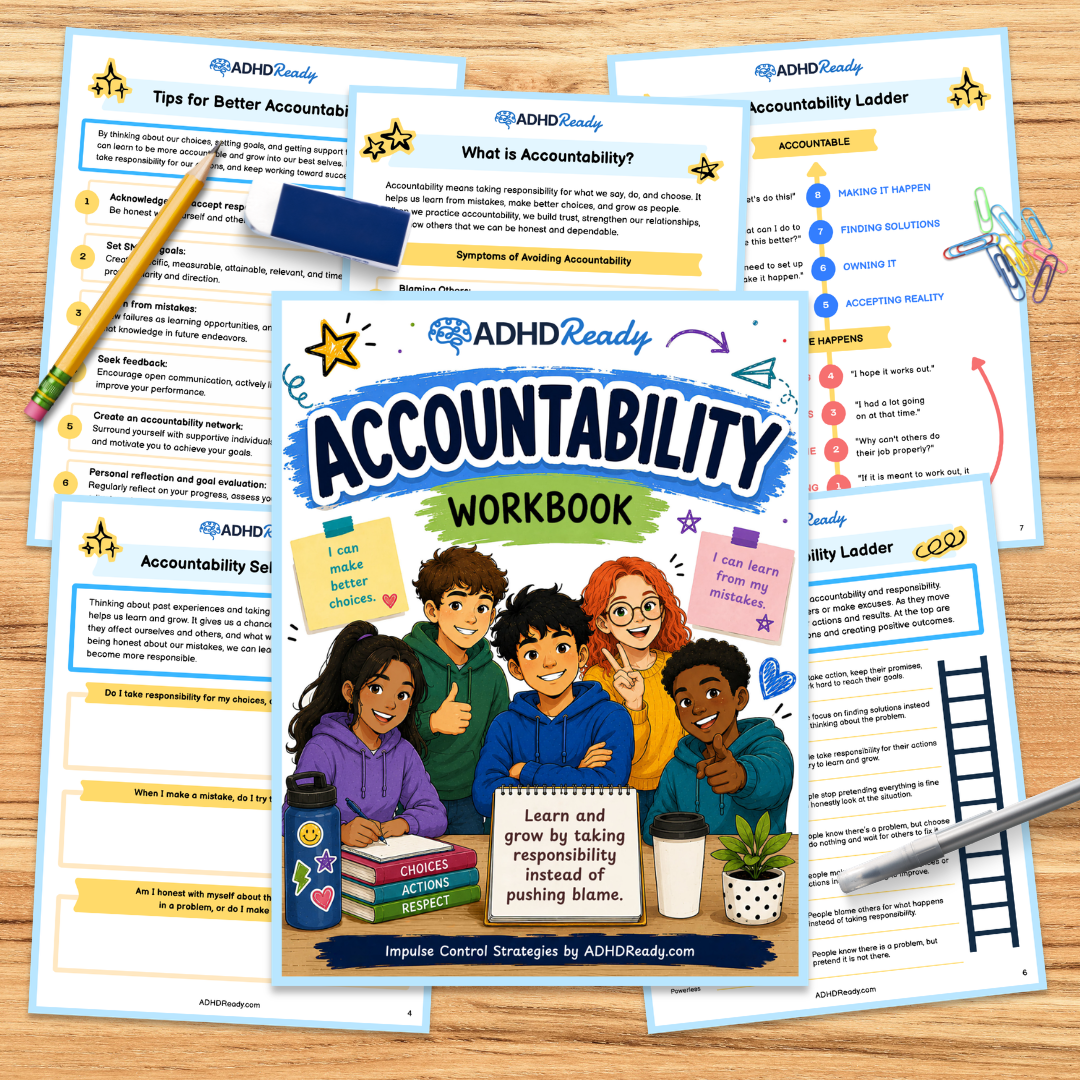 ADHD Ready Accountability Workbook on a wooden surface with a pencil and pen.