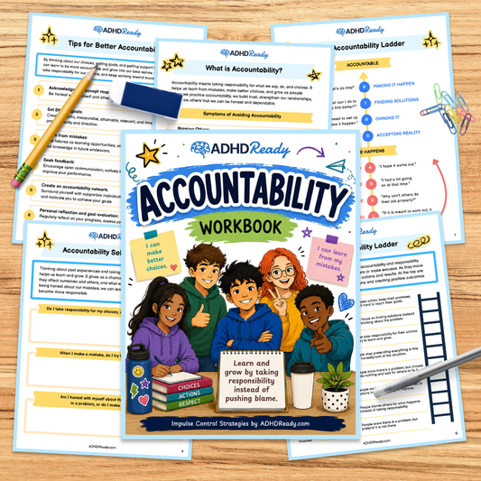 ADHD Ready Accountability Workbook on a wooden surface with a pencil and pen.