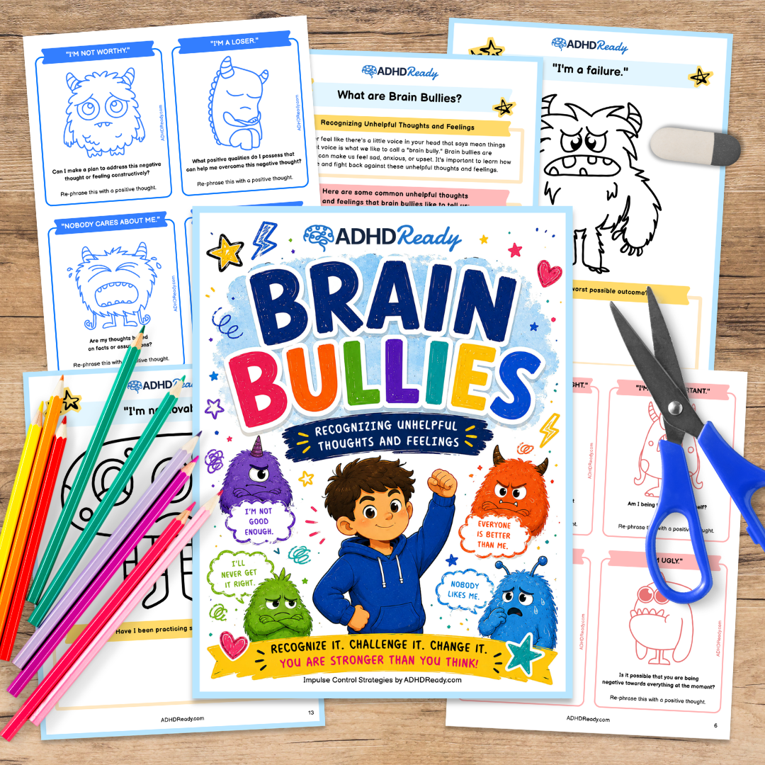 ADHD Ready Brain Bullies workbook pages with pencils and scissors on a wooden surface.