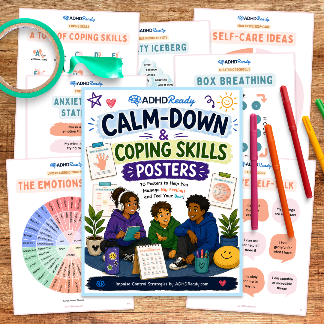 Collection of ADHD Ready calm-down and coping skills posters on a wooden surface with colorful markers.