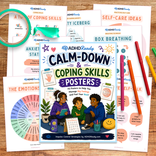 Collection of ADHD Ready calm-down and coping skills posters on a wooden surface with colorful markers.