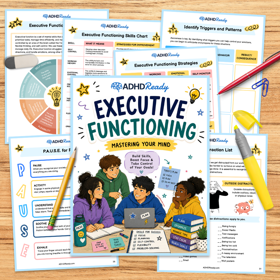 Collection of pages from ADHD Ready Executive Functioning workbook on a wooden surface with stationery items.