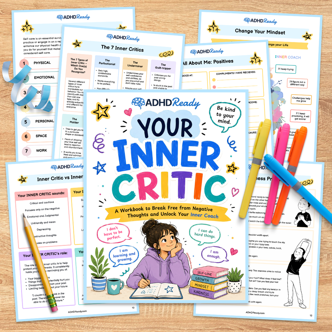 ADHD Ready workbook titled 'Your Inner Critic' on a wooden surface with colorful pens.