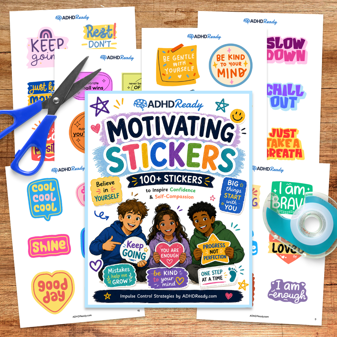 ADHD Ready Motivating Stickers with colorful designs and text on a wooden surface with scissors.