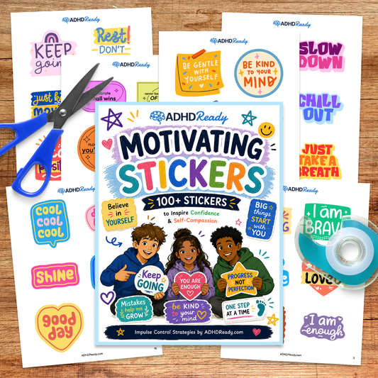ADHD Ready Motivating Stickers with colorful designs and text on a wooden surface with scissors.