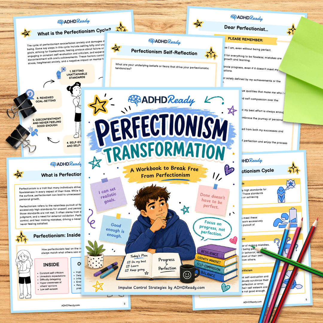 ADHD Ready Perfectionism Transformation workbook on a wooden surface with colorful pages and stationery items.
