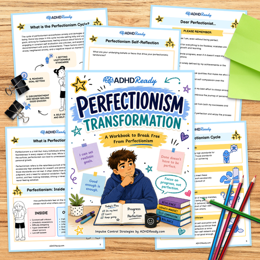 ADHD Ready Perfectionism Transformation workbook on a wooden surface with colorful pages and stationery items.