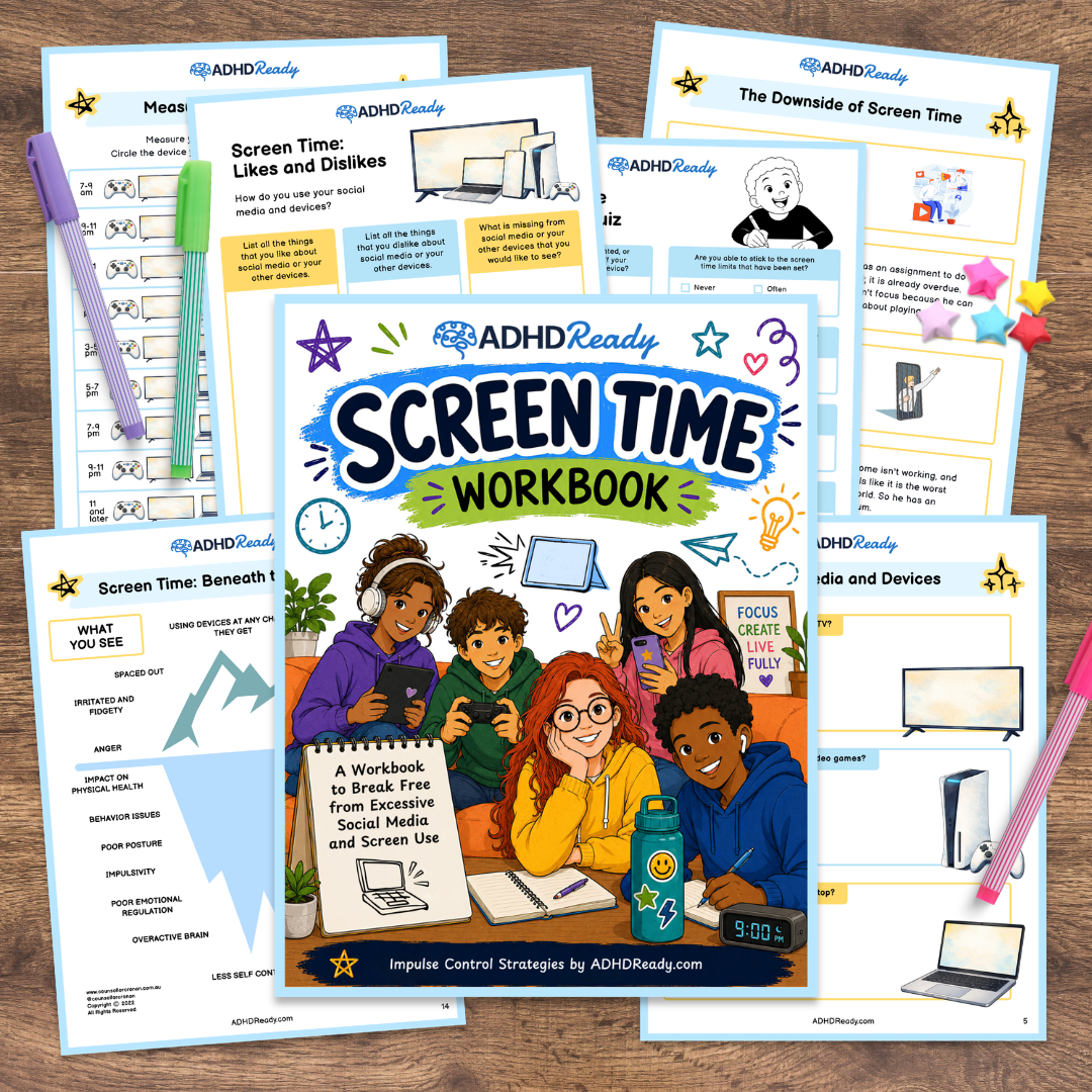 ADHD Ready Screen Time Workbook with pages open on a wooden surface