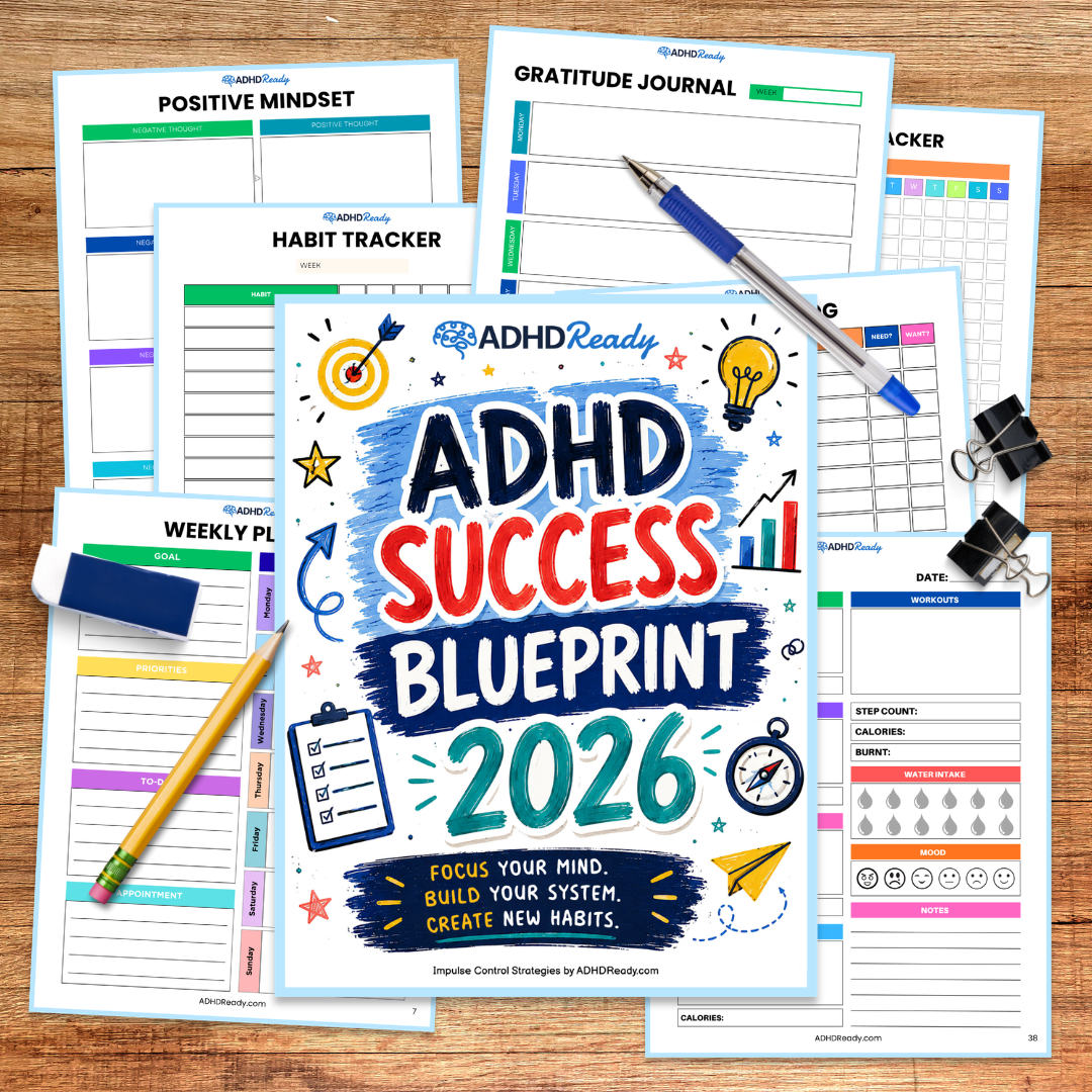 Collection of ADHD Success Blueprint sheets on a wooden surface with stationery items.