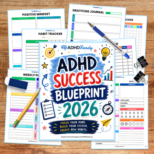 Collection of ADHD Success Blueprint sheets on a wooden surface with stationery items.