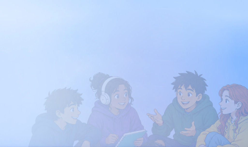Four illustrated characters sitting together with a journal on a light blue background