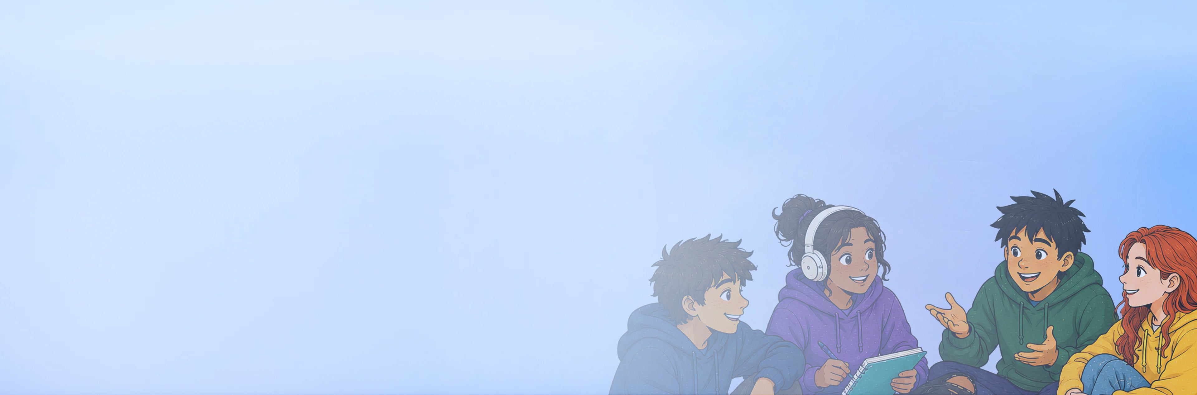 Four illustrated characters sitting together with a journal on a light blue background